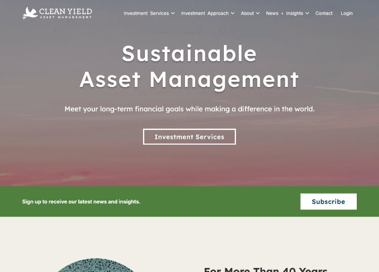 Screenshot of the Clean Yield home page.